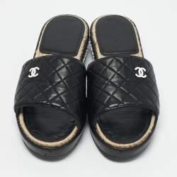 Chanel Black Quilted Leather CC Espadrille Platform Slide Sandals Size 40