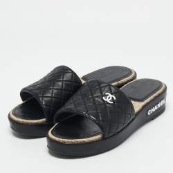 Chanel Black Quilted Leather CC Espadrille Platform Slide Sandals Size 40