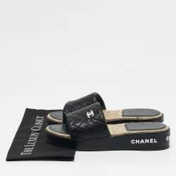 Chanel Black Quilted Leather CC Espadrille Platform Slide Sandals Size 40