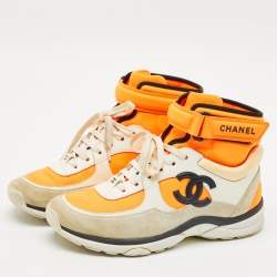 Chanel Neon Orange/White Leather,Suede and Neoprene CC High Top Sneakers Size 38
