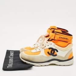 Chanel Neon Orange/White Leather,Suede and Neoprene CC High Top Sneakers Size 38