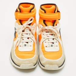 Chanel Neon Orange/White Leather,Suede and Neoprene CC High Top Sneakers Size 38