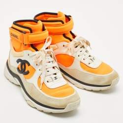 Chanel Neon Orange/White Leather,Suede and Neoprene CC High Top Sneakers Size 38