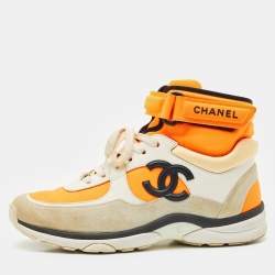 Chanel Neon Orange/White Leather,Suede and Neoprene CC High Top Sneakers Size 38