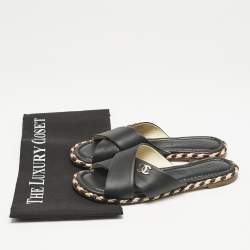 Chanel Black Leather Braided Trim Criss Cross CC Flat Slide Sandals Size 36