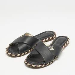 Chanel Black Leather Braided Trim Criss Cross CC Flat Slide Sandals Size 36
