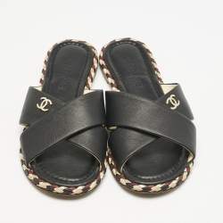 Chanel Black Leather Braided Trim Criss Cross CC Flat Slide Sandals Size 36