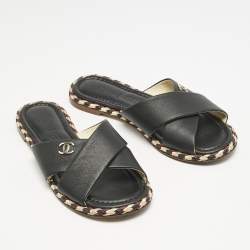 Chanel Black Leather Braided Trim Criss Cross CC Flat Slide Sandals Size 36