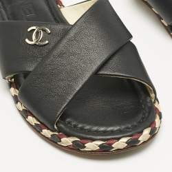 Chanel Black Leather Braided Trim Criss Cross CC Flat Slide Sandals Size 36