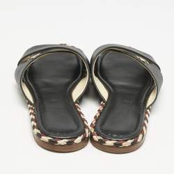 Chanel Black Leather Braided Trim Criss Cross CC Flat Slide Sandals Size 36