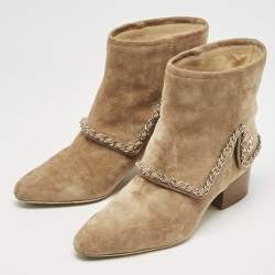 Chanel Brown Suede Chain Embellished Ankle Length Boots Size 38