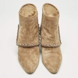 Chanel Brown Suede Chain Embellished Ankle Length Boots Size 38