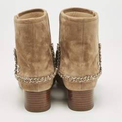 Chanel Brown Suede Chain Embellished Ankle Length Boots Size 38