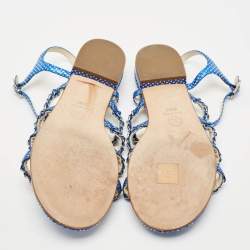 Chanel Metallic Blue Leather Chain Detail Strappy Sandals Size 39.5