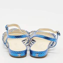 Chanel Metallic Blue Leather Chain Detail Strappy Sandals Size 39.5