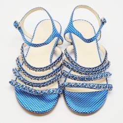 Chanel Metallic Blue Leather Chain Detail Strappy Sandals Size 39.5