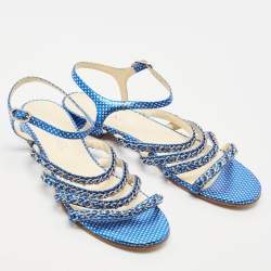Chanel Metallic Blue Leather Chain Detail Strappy Sandals Size 39.5