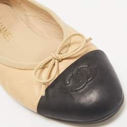 Chanel Beige/Black Leather CC Cap Toe Bow Ballet Flats Size 39