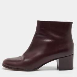 Chanel Burgundy Leather CC Block Heel Ankle Length Boots Size 41