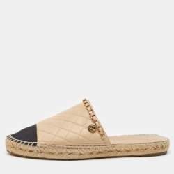 Chanel Beige/Black Quilted Leather and Fabric Cap Toe CC Chain Link Espadrille Flat Mules Size 42