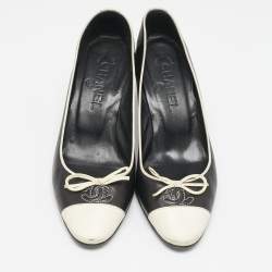 Chanel Black/White Leather Bow CC Cap Toe Pumps Size 37.5
