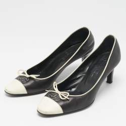 Chanel Black/White Leather Bow CC Cap Toe Pumps Size 37.5