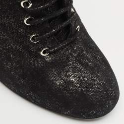 Chanel Black/Silver Suede Pearl Heel Lace Up Booties Size 41