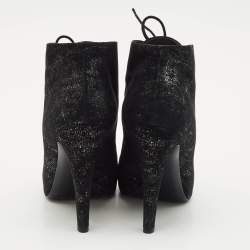 Chanel Black/Silver Suede Pearl Heel Lace Up Booties Size 41