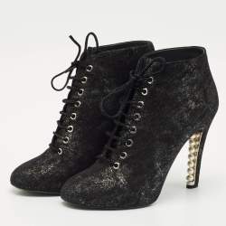 Chanel Black/Silver Suede Pearl Heel Lace Up Booties Size 41