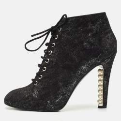 Chanel Black/Silver Suede Pearl Heel Lace Up Booties Size 41