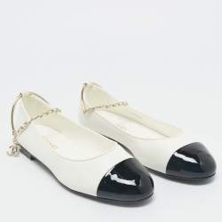 Chanel White /Black Leather CC Cap Toe Bow Ballet Flats Size 39