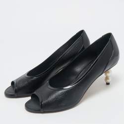Chanel Black Patent and Leather CC Faux Pearl Peep Toe Pumps Size 40