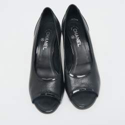 Chanel Black Patent and Leather CC Faux Pearl Peep Toe Pumps Size 40