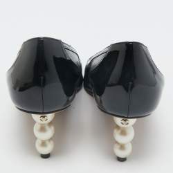 Chanel Black Patent and Leather CC Faux Pearl Peep Toe Pumps Size 40