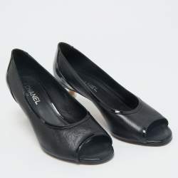 Chanel Black Patent and Leather CC Faux Pearl Peep Toe Pumps Size 40