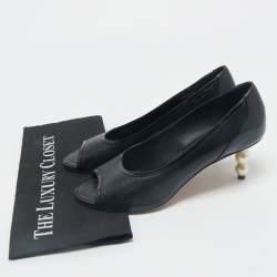 Chanel Black Patent and Leather CC Faux Pearl Peep Toe Pumps Size 40