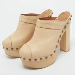 Chanel Beige Leather Studded Platform Clogs Size 39.5