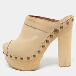 Chanel Beige Leather Studded Platform Clogs Size 39.5