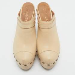 Chanel Beige Leather Studded Platform Clogs Size 39.5