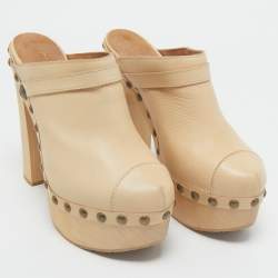 Chanel Beige Leather Studded Platform Clogs Size 39.5
