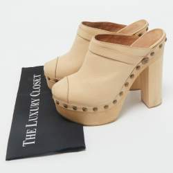Chanel Beige Leather Studded Platform Clogs Size 39.5