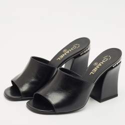 Chanel Black Leather Pearl Embellished Slide Sandals Size 40