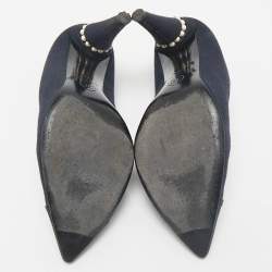 Chanel Navy Blue Canvas Embellished Pointed Toe Pumps Size 38                     