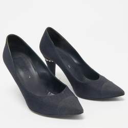 Chanel Navy Blue Canvas Embellished Pointed Toe Pumps Size 38                     