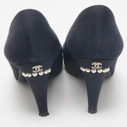 Chanel Navy Blue Canvas Embellished Pointed Toe Pumps Size 38                     