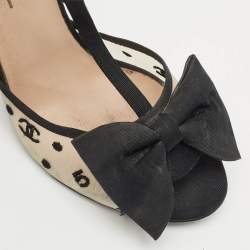 Chanel Beige/Black Mesh and Grosgrain Bow Ankle Strap Sandals Size 38.5