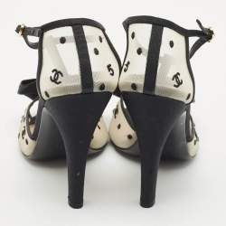 Chanel Beige/Black Mesh and Grosgrain Bow Ankle Strap Sandals Size 38.5