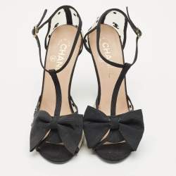 Chanel Beige/Black Mesh and Grosgrain Bow Ankle Strap Sandals Size 38.5