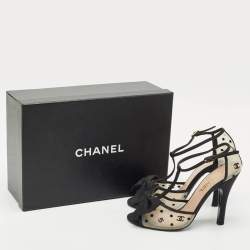 Chanel Beige/Black Mesh and Grosgrain Bow Ankle Strap Sandals Size 38.5