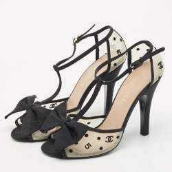 Chanel Beige/Black Mesh and Grosgrain Bow Ankle Strap Sandals Size 38.5